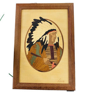 Wood Art Hudson River Inlay Wooden Marquetry Framed Indian Chief Signed Nelson